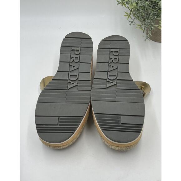 Prada Designer Gold Metallic Leather Espadrille Platform 2.5" Sandals Sz 39/8.5 - Picture 7 of 10